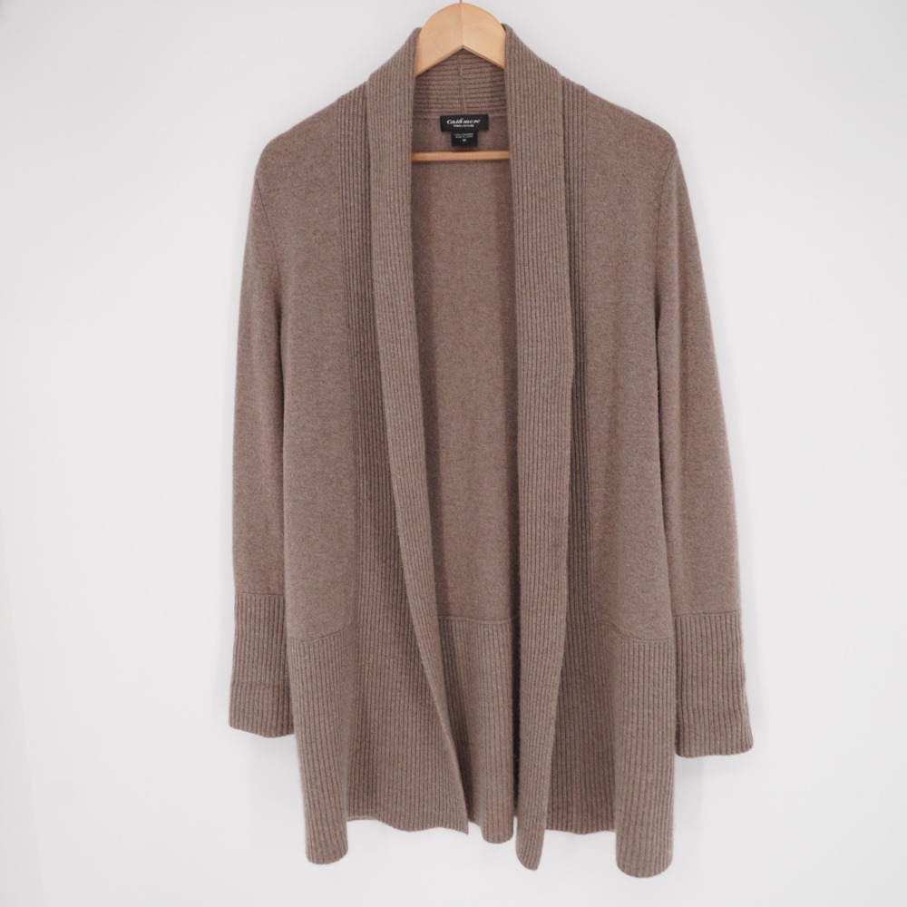 Lord & Taylor 100% Cashmere Open Long Cardigan Sweater Womens M Brown Classic
